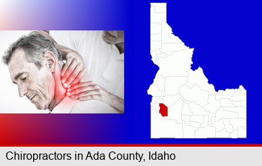 male chiropractor massaging the neck of a patient; Ada County highlighted in red on a map