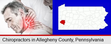 male chiropractor massaging the neck of a patient; Allegheny County highlighted in red on a map