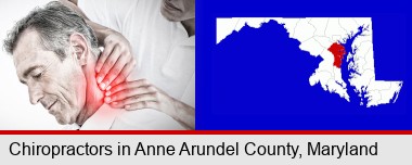 male chiropractor massaging the neck of a patient; Anne Arundel County highlighted in red on a map
