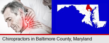 male chiropractor massaging the neck of a patient; Baltimore County highlighted in red on a map
