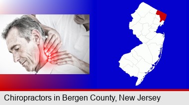male chiropractor massaging the neck of a patient; Bergen County highlighted in red on a map