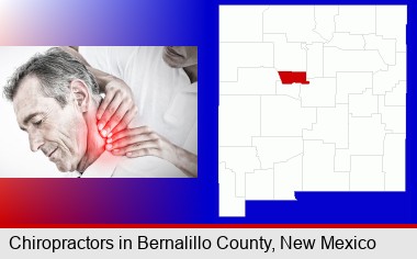 male chiropractor massaging the neck of a patient; Bernalillo County highlighted in red on a map
