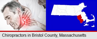 male chiropractor massaging the neck of a patient; Bristol County highlighted in red on a map