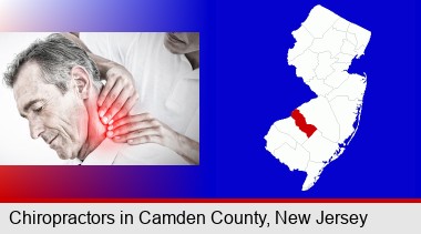 male chiropractor massaging the neck of a patient; Camden County highlighted in red on a map