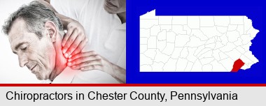 male chiropractor massaging the neck of a patient; Chester County highlighted in red on a map
