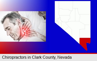 male chiropractor massaging the neck of a patient; Clark County highlighted in red on a map