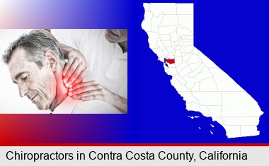 male chiropractor massaging the neck of a patient; Contra Costa County highlighted in red on a map
