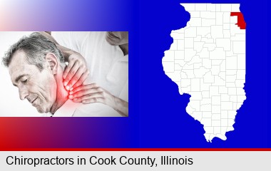 male chiropractor massaging the neck of a patient; Cook County highlighted in red on a map