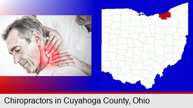 male chiropractor massaging the neck of a patient; Cuyahoga County highlighted in red on a map