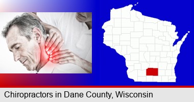 male chiropractor massaging the neck of a patient; Dane County highlighted in red on a map