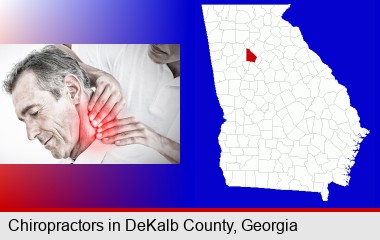 male chiropractor massaging the neck of a patient; DeKalb County highlighted in red on a map