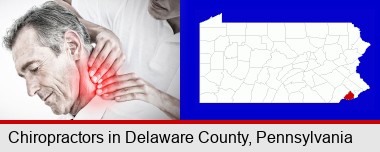 male chiropractor massaging the neck of a patient; Delaware County highlighted in red on a map
