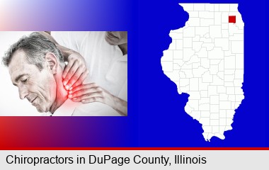 male chiropractor massaging the neck of a patient; DuPage County highlighted in red on a map