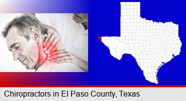 male chiropractor massaging the neck of a patient; El Paso County highlighted in red on a map
