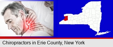 male chiropractor massaging the neck of a patient; Erie County highlighted in red on a map