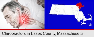 male chiropractor massaging the neck of a patient; Essex County highlighted in red on a map