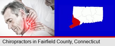 male chiropractor massaging the neck of a patient; Fairfield County highlighted in red on a map