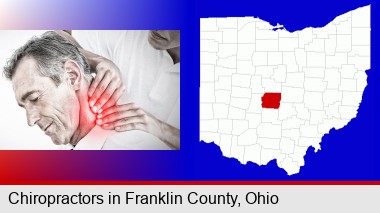 male chiropractor massaging the neck of a patient; Franklin County highlighted in red on a map