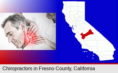 male chiropractor massaging the neck of a patient; Fresno County highlighted in red on a map