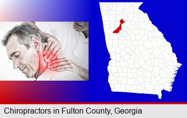 male chiropractor massaging the neck of a patient; Fulton County highlighted in red on a map