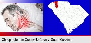 male chiropractor massaging the neck of a patient; Greenville County highlighted in red on a map