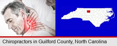 male chiropractor massaging the neck of a patient; Guilford County highlighted in red on a map