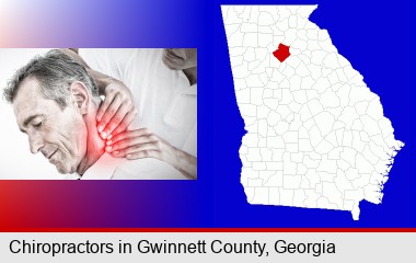 male chiropractor massaging the neck of a patient; Gwinnett County highlighted in red on a map