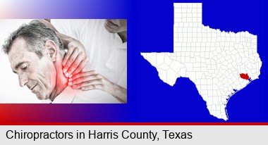 male chiropractor massaging the neck of a patient; Harris County highlighted in red on a map