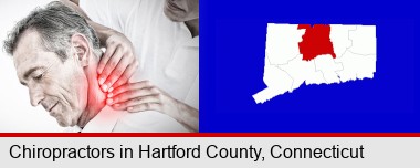 male chiropractor massaging the neck of a patient; Hartford County highlighted in red on a map
