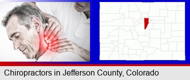 male chiropractor massaging the neck of a patient; Jefferson County highlighted in red on a map