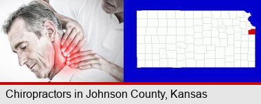 male chiropractor massaging the neck of a patient; Johnson County highlighted in red on a map