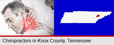 male chiropractor massaging the neck of a patient; Knox County highlighted in red on a map