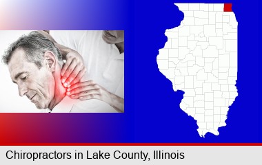 male chiropractor massaging the neck of a patient; LaSalle County highlighted in red on a map