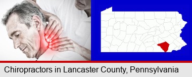 male chiropractor massaging the neck of a patient; Lancaster County highlighted in red on a map