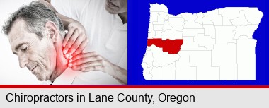 male chiropractor massaging the neck of a patient; Lane County highlighted in red on a map