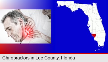 male chiropractor massaging the neck of a patient; Lee County highlighted in red on a map