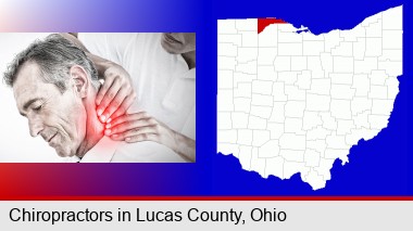 male chiropractor massaging the neck of a patient; Lucas County highlighted in red on a map
