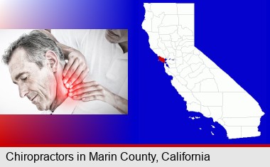 male chiropractor massaging the neck of a patient; Marin County highlighted in red on a map