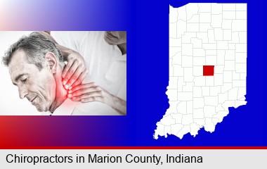 male chiropractor massaging the neck of a patient; Marion County highlighted in red on a map