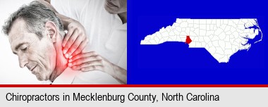 male chiropractor massaging the neck of a patient; Mecklenburg County highlighted in red on a map