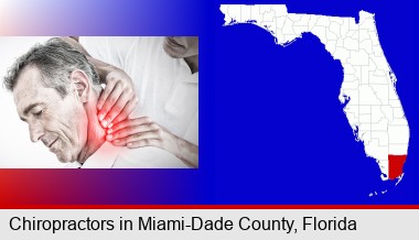 male chiropractor massaging the neck of a patient; Miami-Dade County highlighted in red on a map