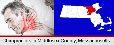 male chiropractor massaging the neck of a patient; Middlesex County highlighted in red on a map