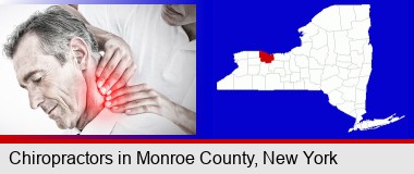male chiropractor massaging the neck of a patient; Monroe County highlighted in red on a map