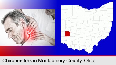 male chiropractor massaging the neck of a patient; Montgomery County highlighted in red on a map