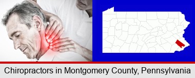 male chiropractor massaging the neck of a patient; Montgomery County highlighted in red on a map