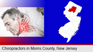male chiropractor massaging the neck of a patient; Morris County highlighted in red on a map