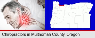 male chiropractor massaging the neck of a patient; Multnomah County highlighted in red on a map