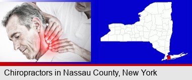 male chiropractor massaging the neck of a patient; Nassau County highlighted in red on a map