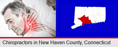 male chiropractor massaging the neck of a patient; New Haven County highlighted in red on a map