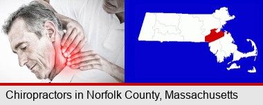 male chiropractor massaging the neck of a patient; Norfolk County highlighted in red on a map